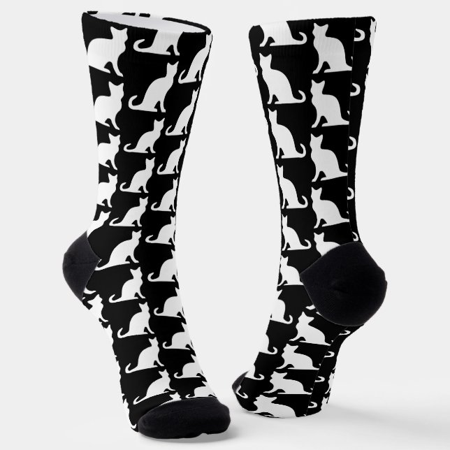 Black and white crew socks with cute cat design (Angled)