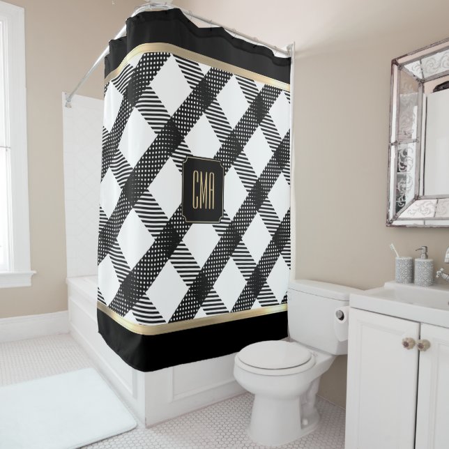 Black and White Crisscross Design Shower Curtain (In Situ)