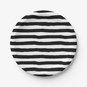 Black and White Crooked Stripe Pattern Paper Plate