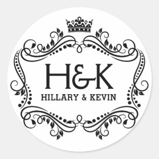 Black and white crown & floral frame classic round sticker