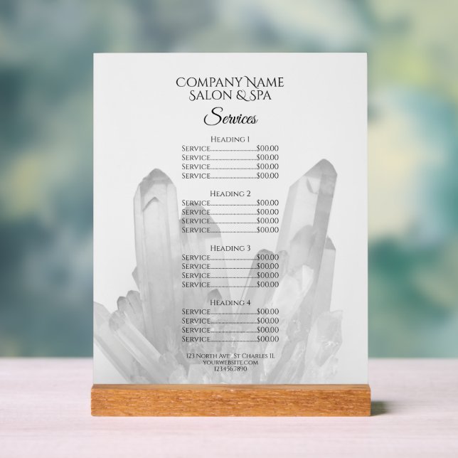 Black and White Crystals Salon Spa Services Menu Acrylic Sign (Neutral)