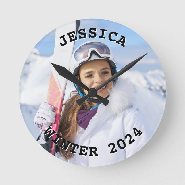 Black and White Curved Text Family Photo Round Clock (Front)