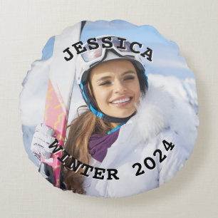 Black and White Curved Text Family Photo Round Cushion