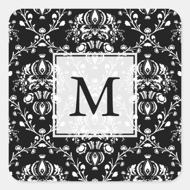 Black and White Custom Damask Square Sticker (Front)