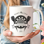 Black and White Custom Name Dart Queen Coffee Mug<br><div class="desc">The Black and White Family Custom Name Dart Queen Coffee Mug is a stylish and practical gift that adds a pThe Black and White Custom Name Dart Master Coffee Mug is a unique and personalised gift idea for dart enthusiasts or family members who enjoy games. The custom design, featuring a...</div>