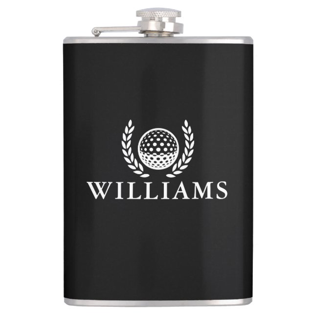 Black And White Custom Name Monogram Golf Ball Hip Flask (Front)