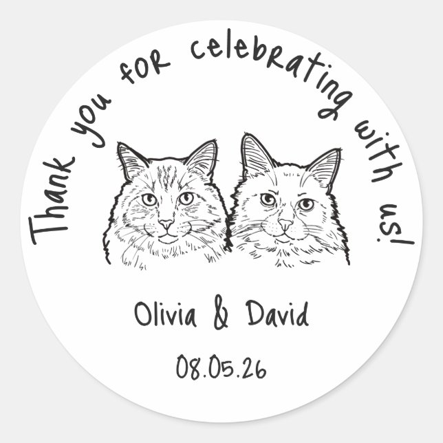 Black and White Cute Cats Wedding Favor Classic Round Sticker (Front)