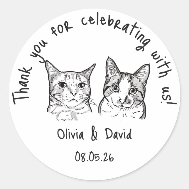 Black and White Cute Cats Wedding Favor Classic Round Sticker (Front)