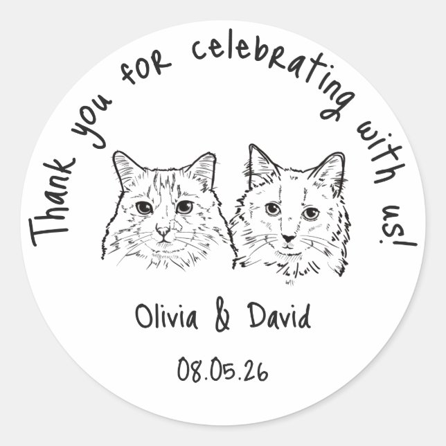 Black and White Cute Cats Wedding Favor Classic Round Sticker (Front)