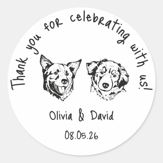 Black and White Cute Dogs Wedding Favor Classic Round Sticker (Front)