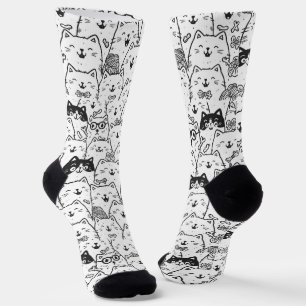 Black and White Cute Doodle Cat Face Pattern Socks
