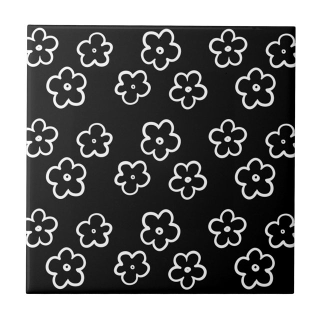 Black and White Cute Flower Y2K Pattern Tile (Front)