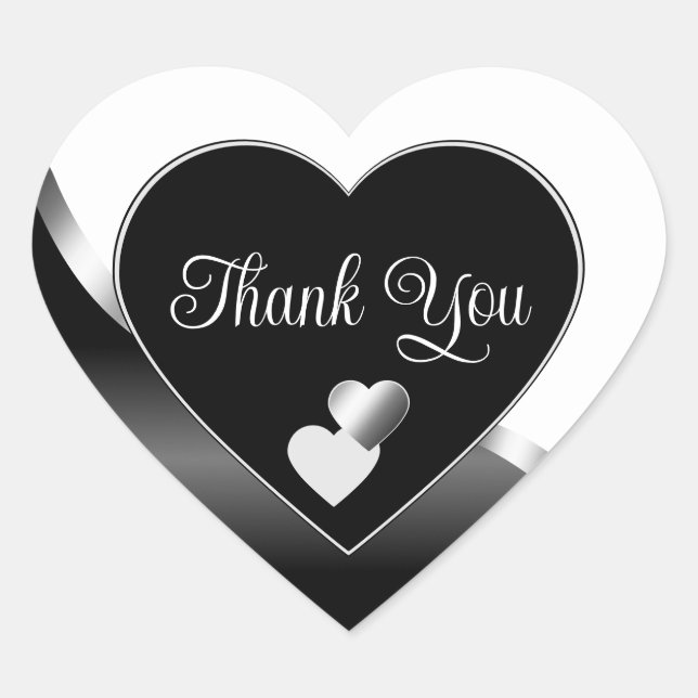 Black and White Cute Hearts Wavy Silver Thank You Heart Sticker (Front)