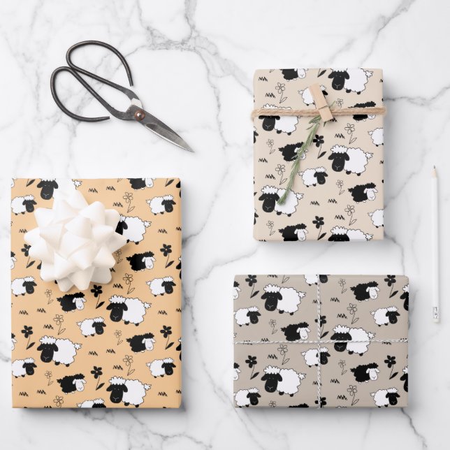 Black and White Cute Sheeps Illustration  Wrapping Paper Sheet (Front)