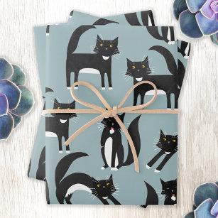 Black and White Cute Tuxedo Kitty Cats Pattern Wrapping Paper Sheet