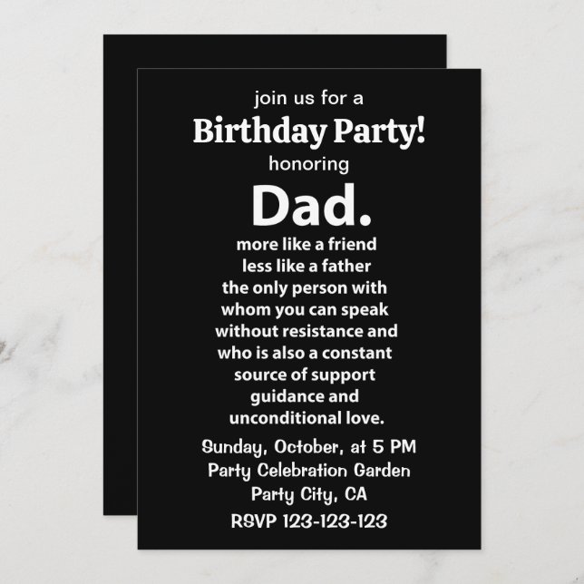 Black and White Dad Daddy Quote Birthday Party Invitation (Front/Back)