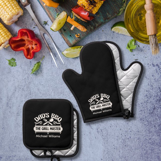 Black and White Dad Personalised BBQ Father  Oven Mitt & Pot Holder Set (Creator Uploaded)