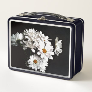 Black and White Daisy Floral Lunch Pail Metal Lunch Box