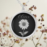 Black and White Daisy Flower Customisable Silver Plated Necklace<br><div class="desc">Delicate black and white daisy flower customisable Necklace. Personalise with name and font type. You can also change the background colour to your preference.</div>