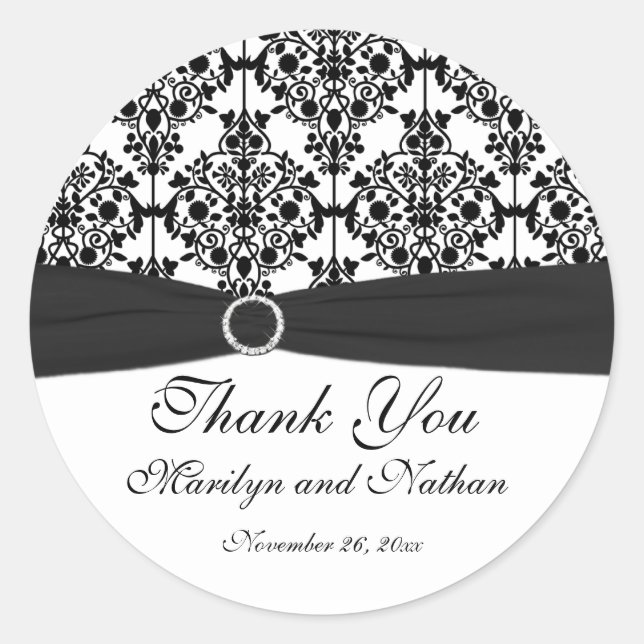 Black and White Damask 3" Round Sticker (Front)