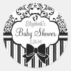 Black and White Damask and Stripes Baby Shower Classic Round Sticker