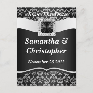 Black and white damask announcement postcard