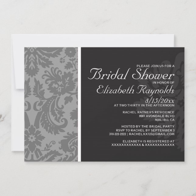 Black And White Damask Bridal Shower Invitations (Front)