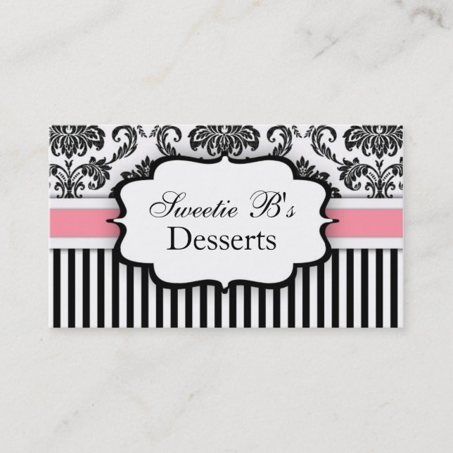 Black and White Damask Business Card with Pink (Front)