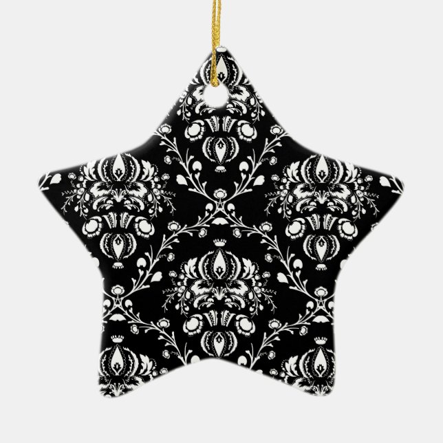 Black and White Damask Ceramic Tree Decoration (Front)