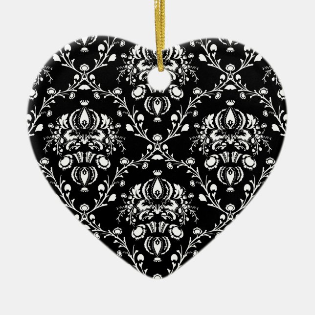Black and White Damask Ceramic Tree Decoration (Front)