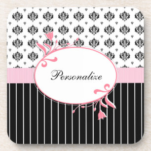 Black And White Damask Chic Pink Floral With Name Coaster