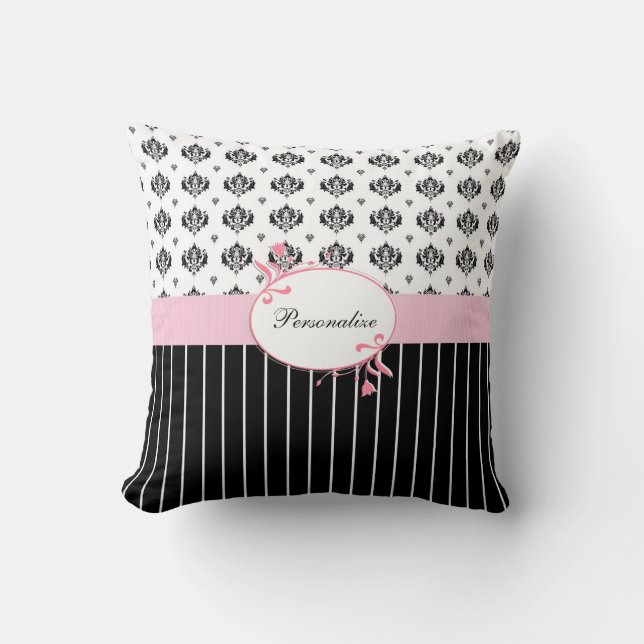 Black And White Damask Chic Pink Floral With Name Cushion (Front)
