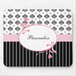 Black And White Damask Chic Pink Floral With Name Mouse Pad