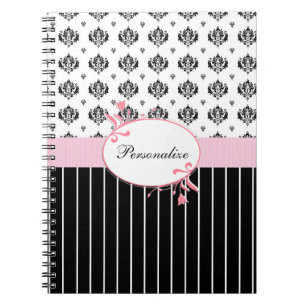 Black And White Damask Chic Pink Floral With Name Spiral Notebook