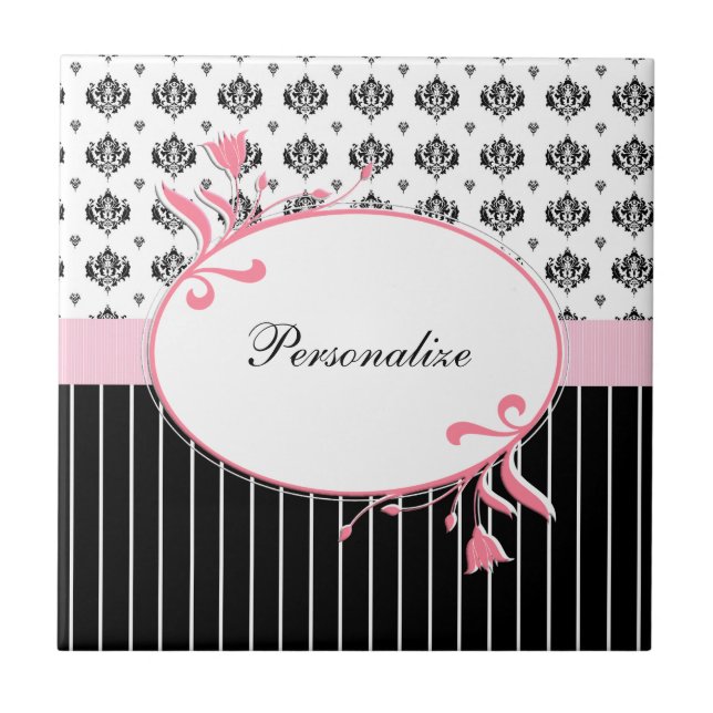 Black And White Damask Chic Pink Floral With Name Tile (Front)