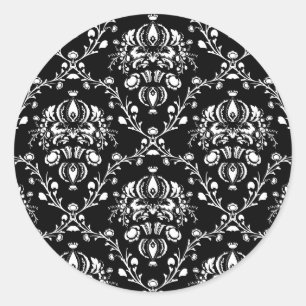 Black and White Damask Classic Round Sticker