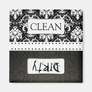 Black and White Damask Clean / Dirty Dishwasher Magnet