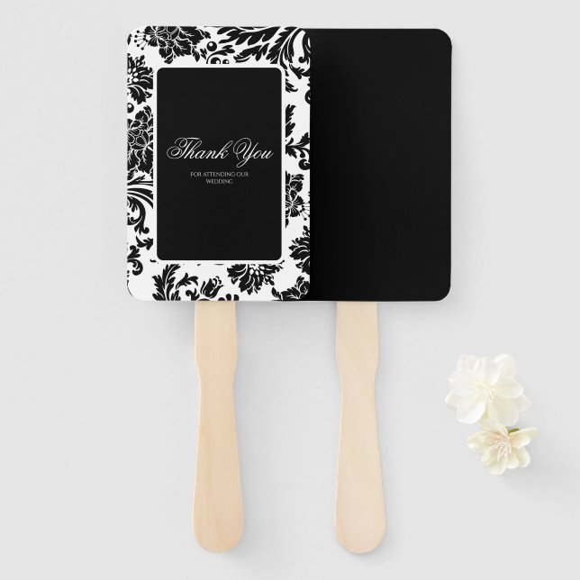 Black and white damask custom hand fan (Front and Back)