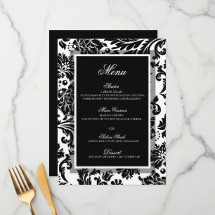Black and white damask custom wedding flat menu
