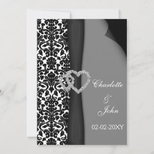 Black and White Damask FAUX ribbon diamante design Invitation
