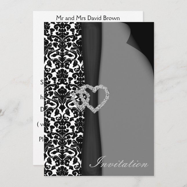 Black and White Damask FAUX ribbon diamante design Invitation (Front/Back)