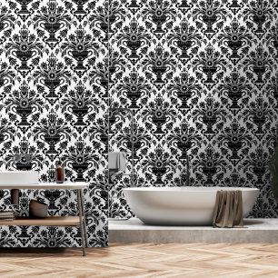 Black and White Damask Floral peel and stick Wallpaper