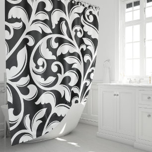 Black and White Damask Floral Vine Shower Curtain