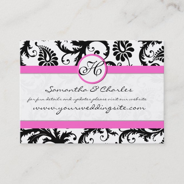 Black and White Damask Floral  with Pink Trim Business Card (Front)