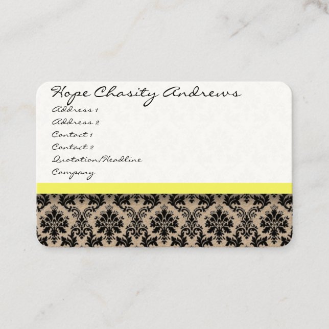Black and White Damask Floral  with Yellow Ribbon Business Card (Front)