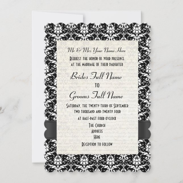 Black and white damask formal wedding invitation (Front)