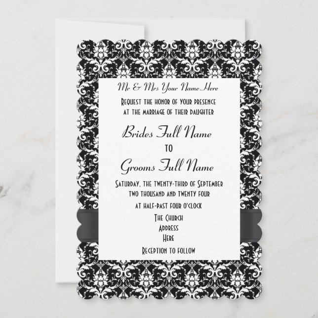Black and white damask formal wedding invitation (Front)