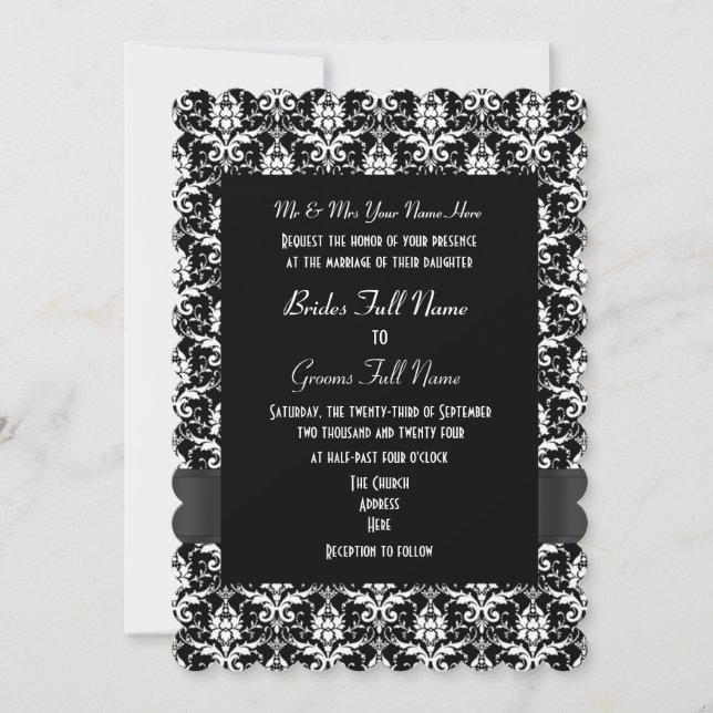 Black and white damask formal wedding invitation (Front)