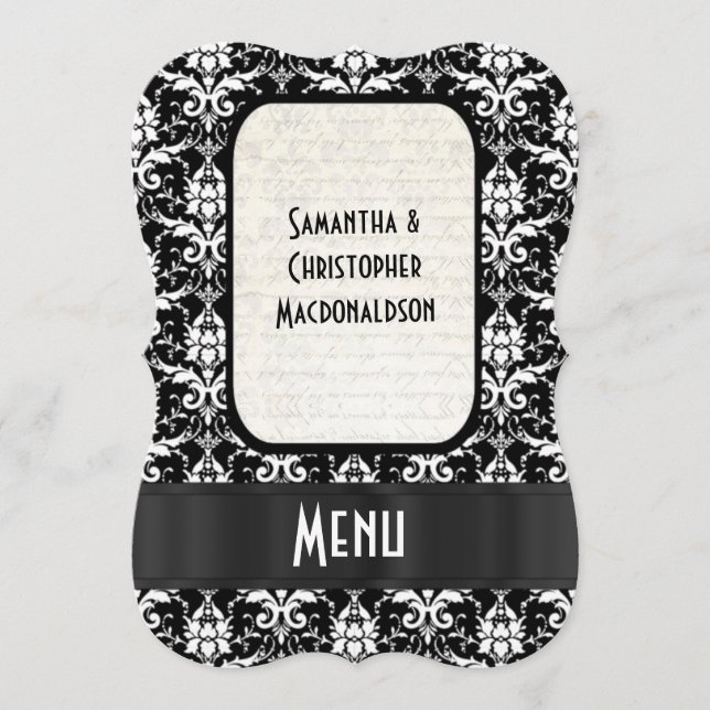 Black and white damask formal wedding menu (Front)