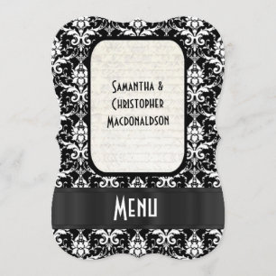 Black and white damask formal wedding menu